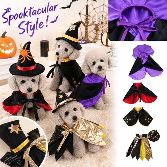 Small Dog Halloween, Halloween Dog 22 Inch Dog Vampire Cape, Witch Cape Outfit with Matching Star Hat for Holiday Pet Dress Up, 1 Pack