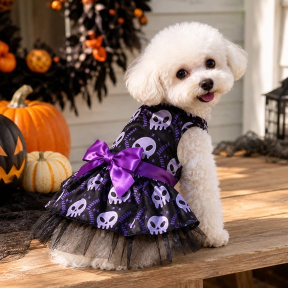 Small Dog Halloween Purple Skeleton Print Tulle Dress Halloween for Dogs Cute Small Dog Dress for Halloween Party Outfit 1 Pack