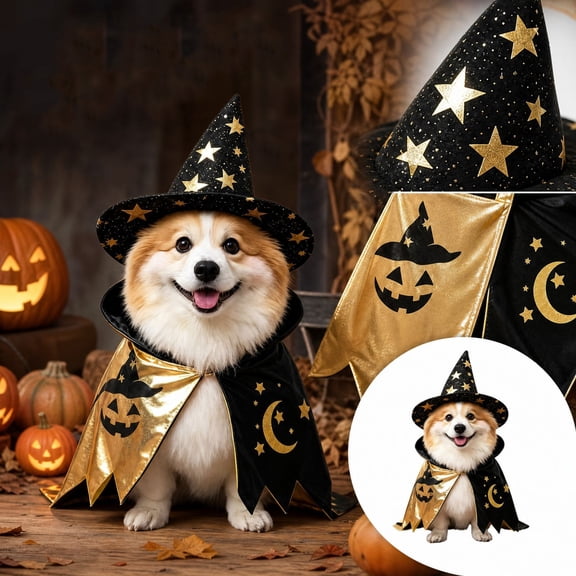 Small Dog Halloween with Starry Wizard Hat and Cape, for Small Dogs and Cats, Pet Dress Up Clothes