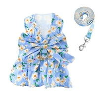 Small Dog Harness Dress with Leash,Dog Dress Bowknot Harness Leash Set,Floral Princess Dog Dress Harness Vest,Cat Puppy Doggy Outfits for Outdoor Walking Blue L