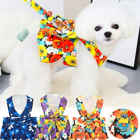 Small Dog Harness, Floral Bowknot Floral Cat Leash and Harness Set Breathable Cute Dog Harness with D Ring Dog Princess Dress Small Dog Clothes for Yorkie Chihuahua