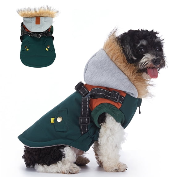 Small Dog Harness Jacket Hooded,Pet Coat Cold Weather Warm Vest Jacket with Harness,Dog Waterproof Windproof Cotton Costume for Puppy Small Medium Dogs Green Brown 2XL