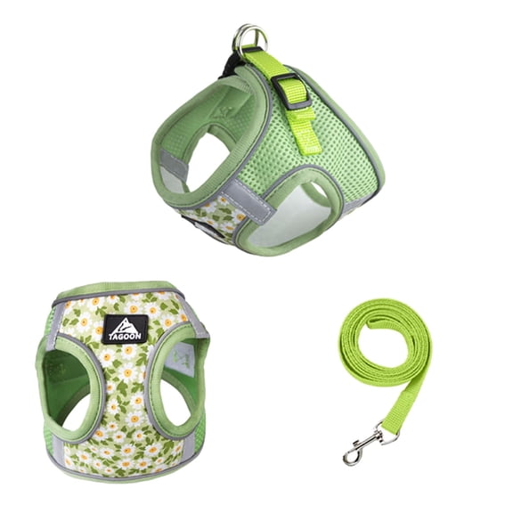 Small Dog Harness Leash Set, Daisy Floral Pattern Pet Harness Vest, Dog Breathable Adjustable D-Ring Reflective Mesh Harness,Walking Harness Vest for Small Dogs Green L
