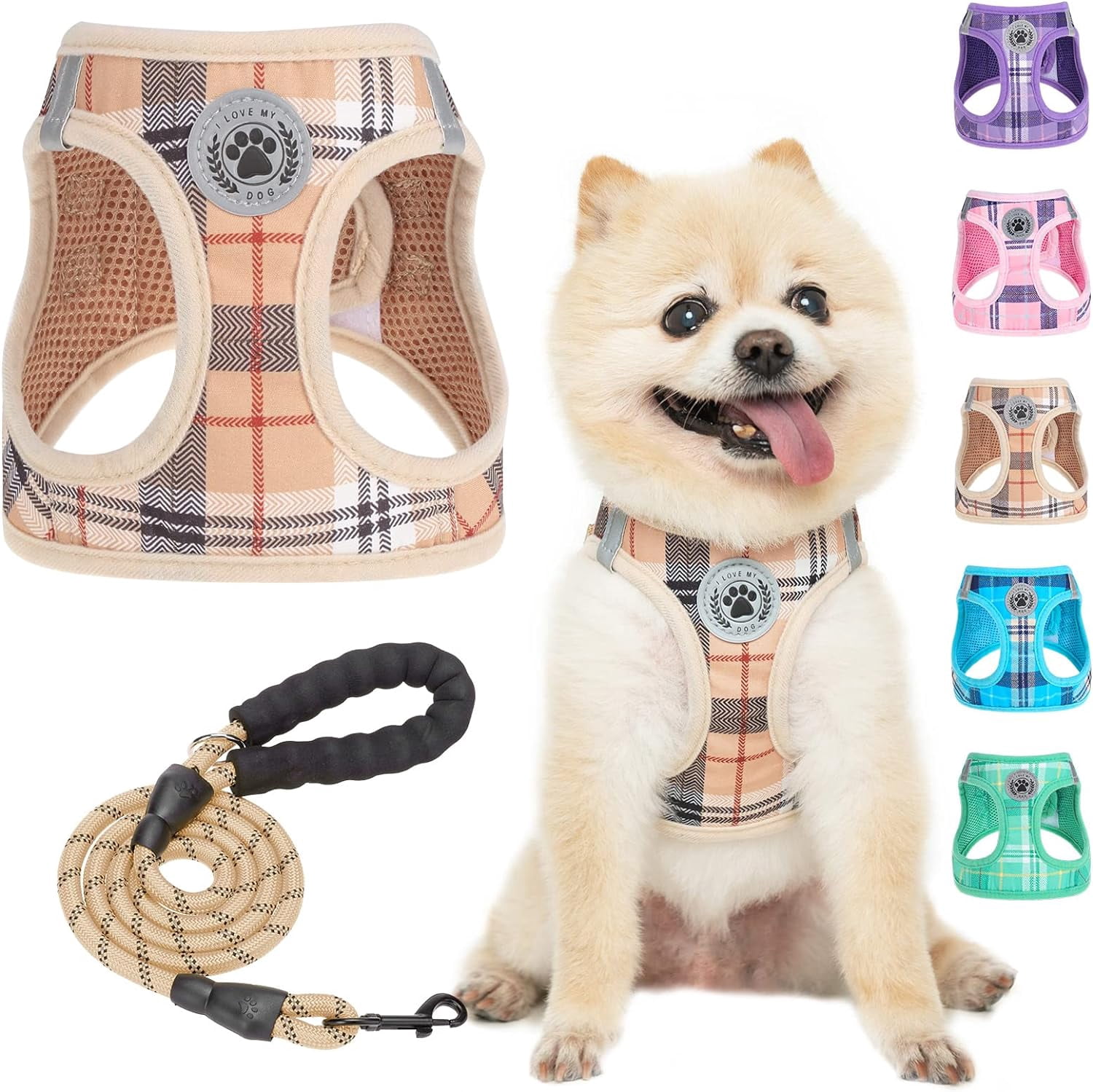 Small Dog Harness and Leash Set,Step in No Choke No Pull Soft Mesh Dog Harnesses Reflective for Extra Small Medium Puppy Dogs and Cats, Plaid Dog Vest Harness for XS S Pets, Beige S