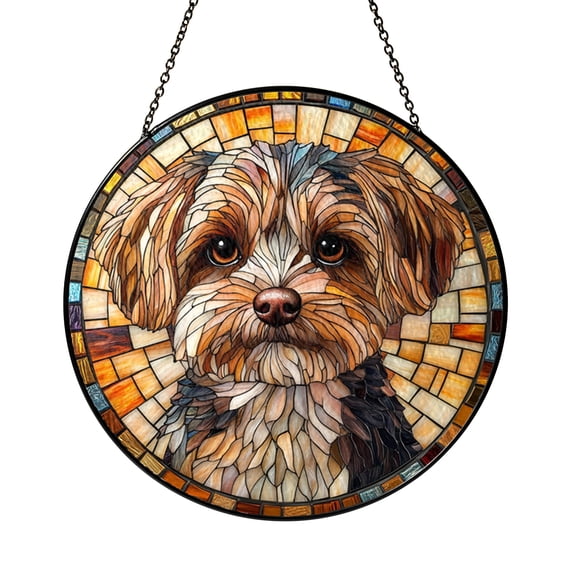 Small Dog Inspired Stained Glass Panel – Warm Color Canine Window Art
