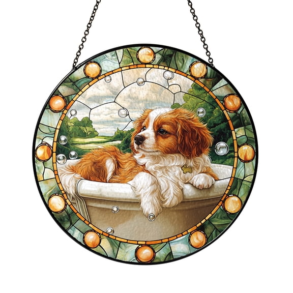 Small Dog Inspired Stained Glass Style Panel – Whimsical Window Decor