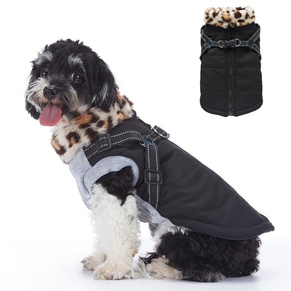 Small Dog Jacket with Harness,Pet Coat Cold Weather Warm Vest Jacket,Dog Waterproof Windproof Cotton Costume for Puppy Small Medium Dogs Black Leopard S