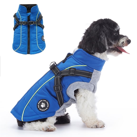 Small Dog Jacket with Harness,Pet Coat Cold Weather Warm Vest Jacket,Dog Waterproof Windproof Cotton Costume for Puppy Small Medium Dogs Blue 2XL