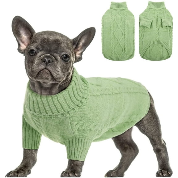Small Dog Pullover Sweater, Cold Weather Cable Knitwear, Classic Turtleneck Thick Warm Clothes for Chihuahua, Bulldog, Dachshund, Pug, Yorkie (Green, Small)