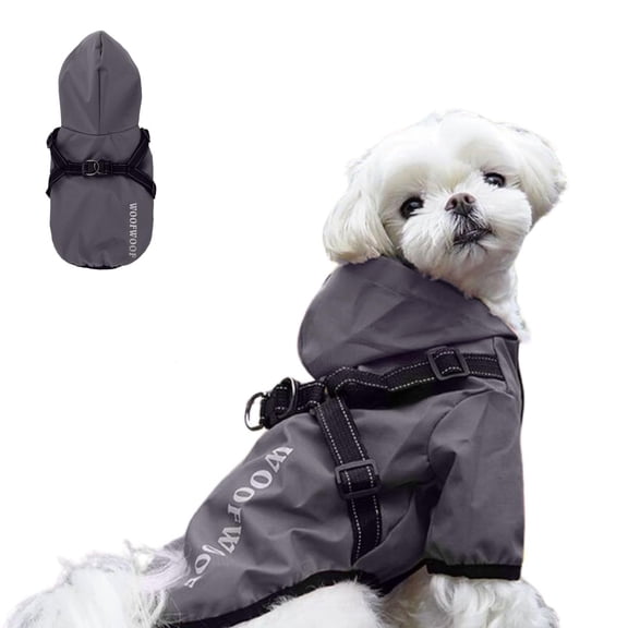 Small Dog Raincoat Harness,Waterproof Dog Rain Jacket with Harness,Reflective Stripes Pet Poncho Slicker Coat for Small Dog Puppy Gray 2XL