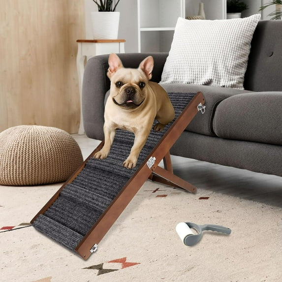 Small Dog Ramp, 32" Portable Folding Pet Stair Ramp with Non-Slip Carpet Surface, Adjustable 4-Level Height, Foldable for Bed, Couch, Car (Brown)