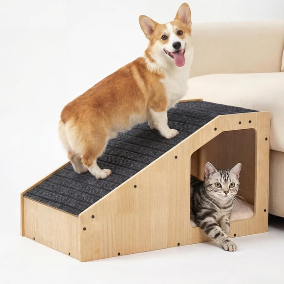 Small Dog Ramp for Bed Couch, Pet Ramps for Dogs to Get on Bed Couch with Cat Cave Condo Non Slip Surface and Bottom Pad, 16" Wide Wooden Doggy Stairs Puppy Steps Small Ramp Ladder for Indoor