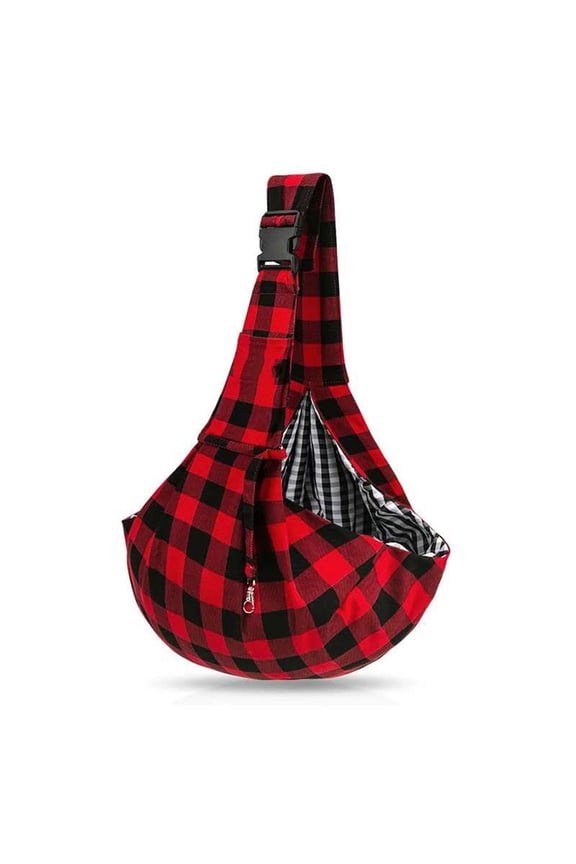 Small Dog Sling Carrier Adjustable Hands-Free, with Pocket - Reversible Puppy & Cat Sling Bag for Walking, Travel, Outings Red and black grid (buckle)