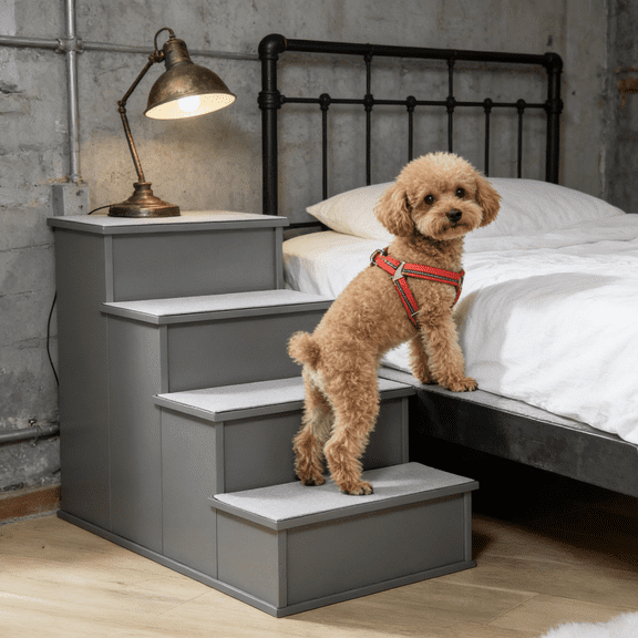 Small Dog Steps for Bed and Sofa in Grey 4-Step Soft Plush Stairs