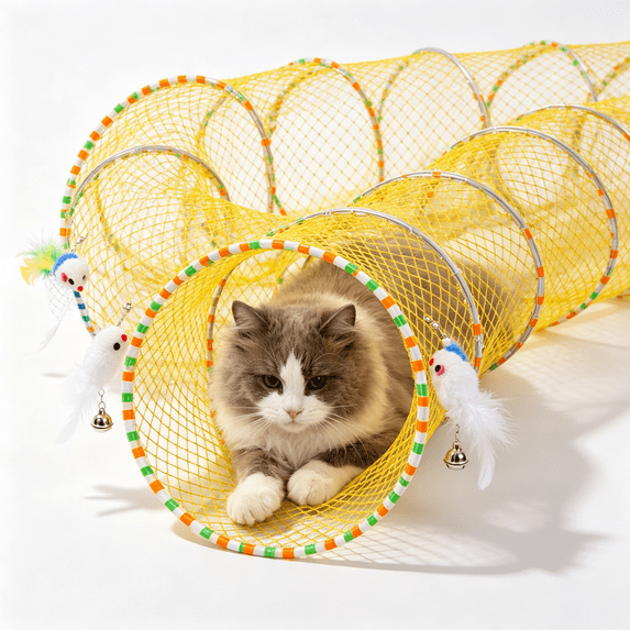 Folded Cat Tunnel Spring, 25.6 in Large Portable Cat Toy Spiral Tunnel with Synthetic Feather and Toy Mouse Tunnel Spring Outdoor Puppy Kitten Generic