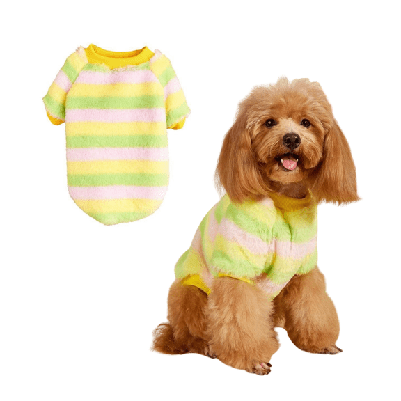 Small Dog Sweater, Stripe Plush Dog Onesie Pajamas, Colorful Pet Cold Weather Coat for Cats Small Dogs Boy Girl Yellow L