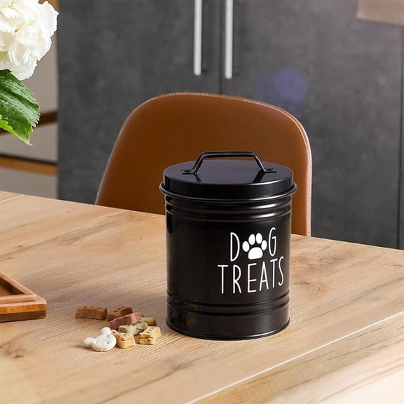 Small Dog Treat Container Airtight - 6" Tall X 4.9" Round Black Dog Treat Jar For Kitchen Counter - Rustic Treat Storage Canister For Dogs, Cats, Small Animals - Gifts For Pet Owners