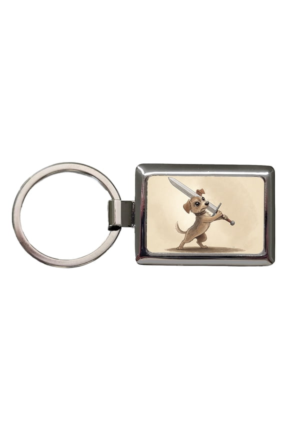 Small Dog Wielding a Large Sword Funny Fantasy Metal Rectangle Keychain