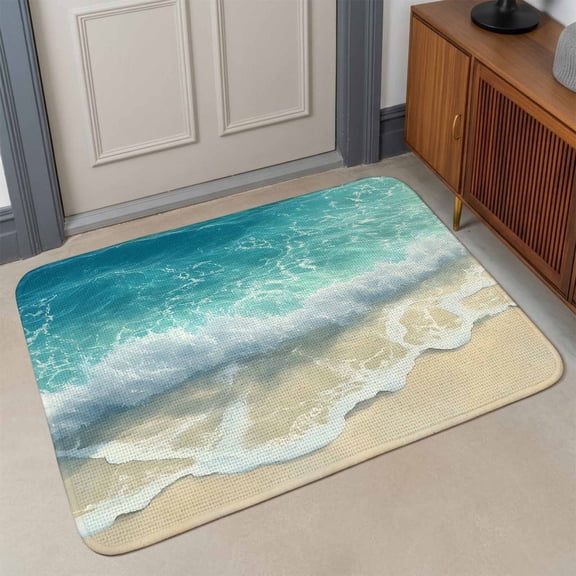 Small Door Mat Indoor Outdoor 15.7"x23.6",Aqua Blue Beach Absorbent Non Slip Entry Rug,Coastal Seawaves Sand Shore Scenery Low Profile Welcome Mat for Front/Side Door Apartment Entrance Bathroom