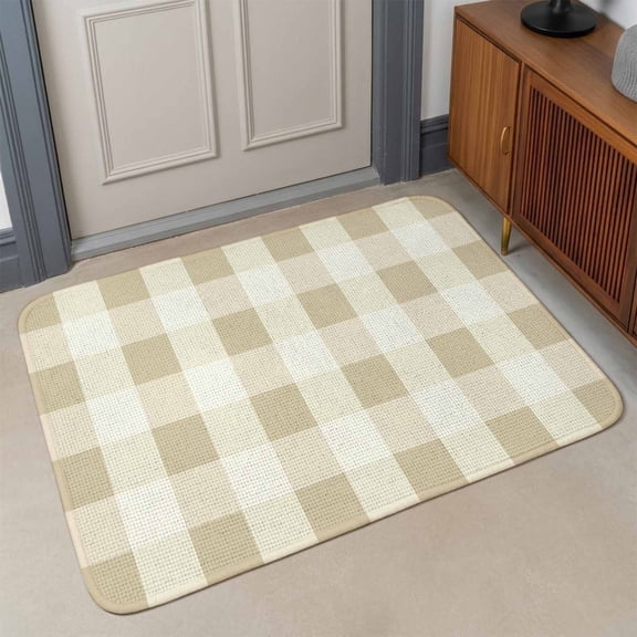 Small Door Mat Indoor Outdoor 15.7"x23.6",Beige Plaid Absorbent Non Slip Entry Rug,Spring Summer Farmhouse Buffalo Checkered Low Profile Welcome Mat for Front/Side Door Apartment Entrance Bathroom