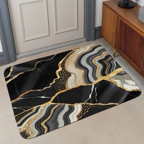 Small Door Mat Indoor Outdoor 15.7"x23.6",Black Marble Absorbent Non Slip Entry Rug,Grey Gold Texture Vintage Farmhouse Art Low Profile Welcome Mat for Front/Side Door Apartment Entrance Bathroom