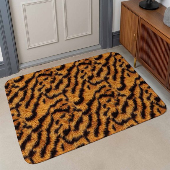 Small Door Mat Indoor Outdoor 15.7"x23.6",Black Orange Absorbent Non Slip Entry Rug,Vintage Abstract Tiger Stripes Fur Patterned Low Profile Welcome Mat for Front/Side Door Entrance Bathroom
