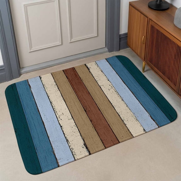 Small Door Mat Indoor Outdoor 15.7"x23.6",Blue Brown Absorbent Non Slip Entry Rug,Farmhouse Wood Grain Vintage Vertical Striped Low Profile Welcome Mat for Front/Side Door Apartment Entrance Bathroom