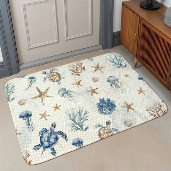 Small Door Mat Indoor Outdoor 15.7"x23.6",Blue Brown Coastal Absorbent Non Slip Entry Rug,Nautical Summer Beach Sea Turtle Low Profile Welcome Mat for Front/Side Door Apartment Entrance Bathroom