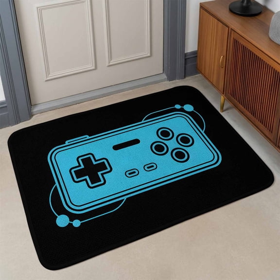 Small Door Mat Indoor Outdoor 15.7"x23.6",Blue Game Handle Absorbent Non Slip Entry Rug,Video Gamer Console Earphones Black Low Profile Welcome Mat for Front/Side Door Apartment Entrance Bathroom