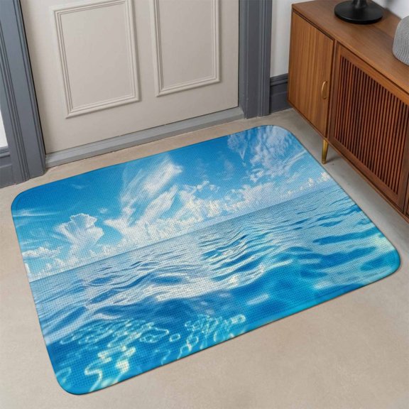 Small Door Mat Indoor Outdoor 15.7"x23.6", Blue Summer Beach Absorbent Non Slip Entry Rug, Seaside Ocean Coastal Nautical Low Profile Welcome Mat for Front/Side Door Apartment Entrance Bathroom