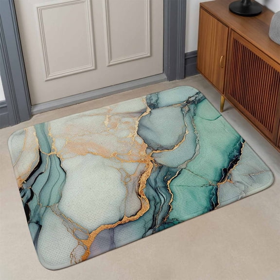 Small Door Mat Indoor Outdoor 15.7"x23.6", Blue Teal Marble Absorbent Non Slip Entry Rug, Modern Ink Painting Abstract Low Profile Welcome Mat for Front/Side Door Apartment Entrance Bathroom