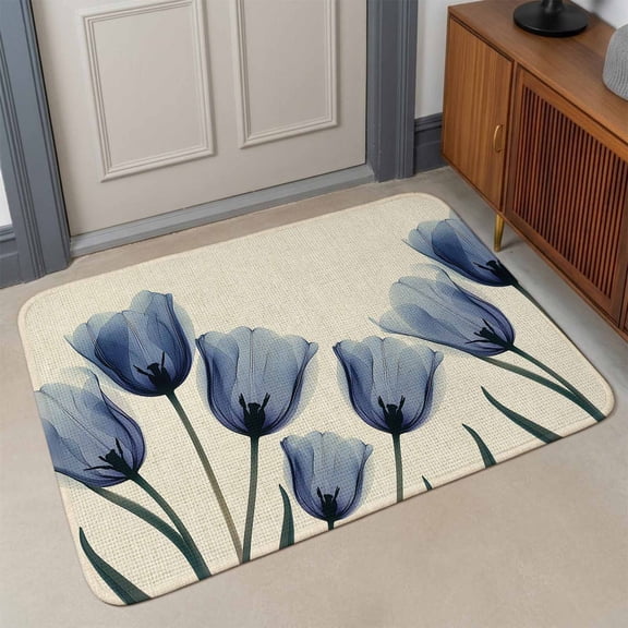 Small Door Mat Indoor Outdoor 15.7"x23.6", Blue Tulip Absorbent Non Slip Entry Rug, Rustic Spring Floral Summer Botanical Low Profile Welcome Mat for Front/Side Door Apartment Entrance Bathroom