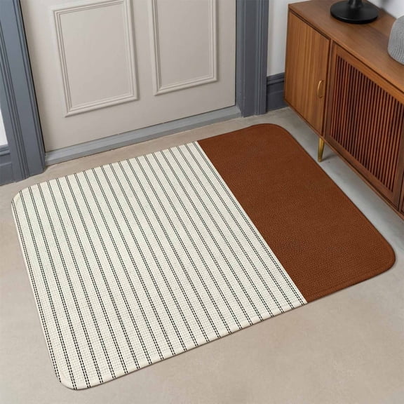 Small Door Mat Indoor Outdoor 15.7"x23.6", Boho Brown Leather Texture Absorbent Non Slip Entry Rug, Modern Black Striped Low Profile Welcome Mat for Front/Side Door Apartment Entrance Bathroom