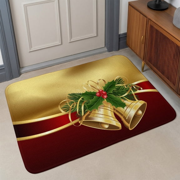 Small Door Mat Indoor Outdoor 15.7"x23.6", Christmas Absorbent Non Slip Entry Rug, Xmas Bells Berry Botanical Golden Red Low Profile Welcome Mat for Front/Side Door Apartment Entrance Bathroom