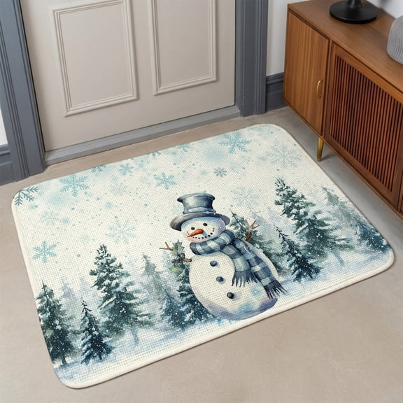 Small Door Mat Indoor Outdoor 15.7"x23.6", Christmas Snowman Absorbent Non Slip Entry Rug, Blue Snowflake Xmas Tree Low Profile Welcome Mat for Front/Side Door Apartment Entrance Bathroom