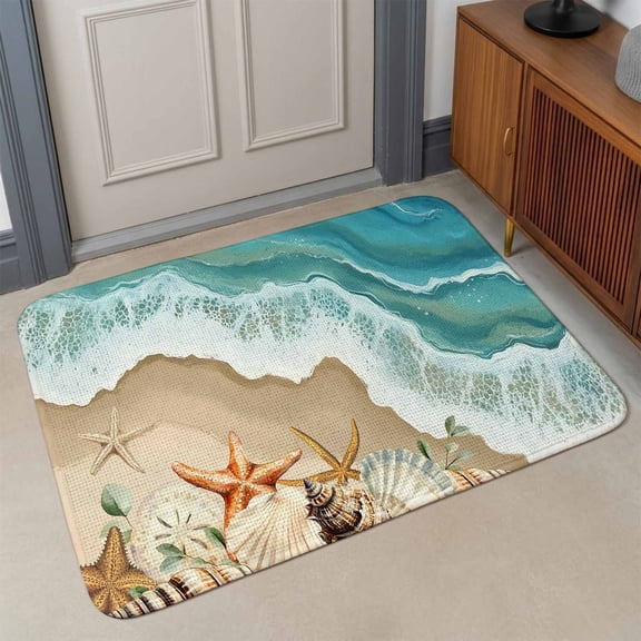 Small Door Mat Indoor Outdoor 15.7"x23.6",Coastal Beach Ocean Absorbent Non Slip Entry Rug,Nautical Starfish Shells Conch Low Profile Welcome Mat for Front/Side Door Apartment Entrance Bathroom