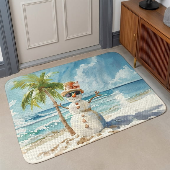Small Door Mat Indoor Outdoor 15.7"x23.6", Coastal Christmas Absorbent Non Slip Entry Rug, Xmas Snowman Beach Nautical Low Profile Welcome Mat for Front/Side Door Apartment Entrance Bathroom