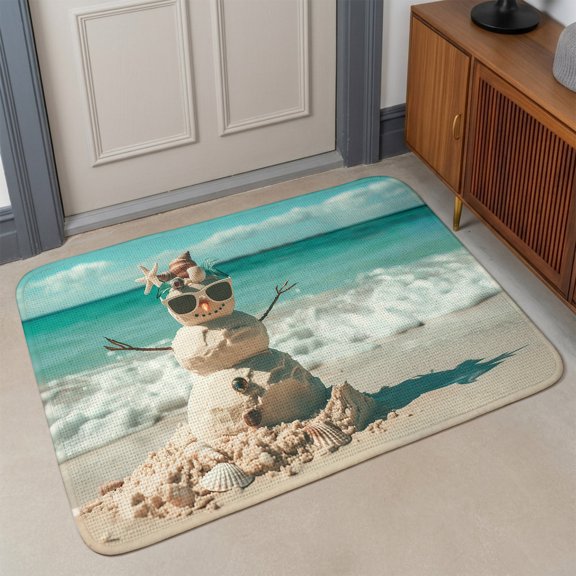 Small Door Mat Indoor Outdoor 15.7"x23.6", Coastal Snowman Christmas Absorbent Non Slip Entry Rug, Xmas Beach Seaside Low Profile Welcome Mat for Front/Side Door Apartment Entrance Bathroom