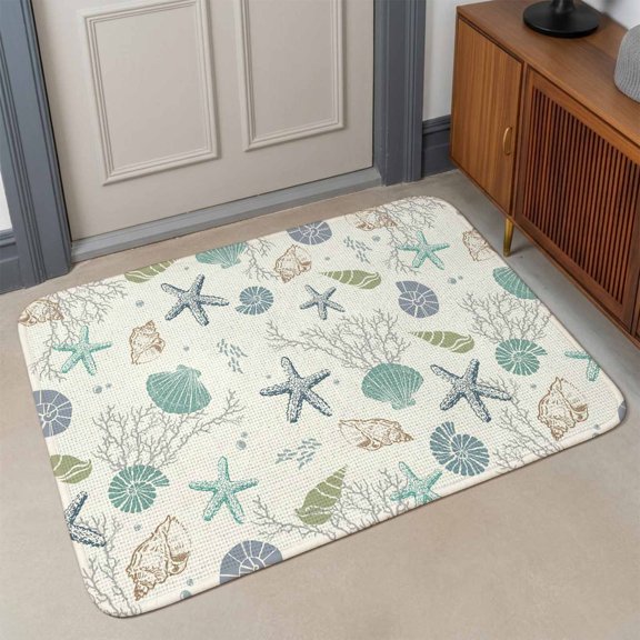 Small Door Mat Indoor Outdoor 15.7"x23.6",Coastal Starfish Absorbent Non Slip Entry Rug,Ocean Coral Shell Beach Marine Life Low Profile Welcome Mat for Front/Side Door Apartment Entrance Bathroom