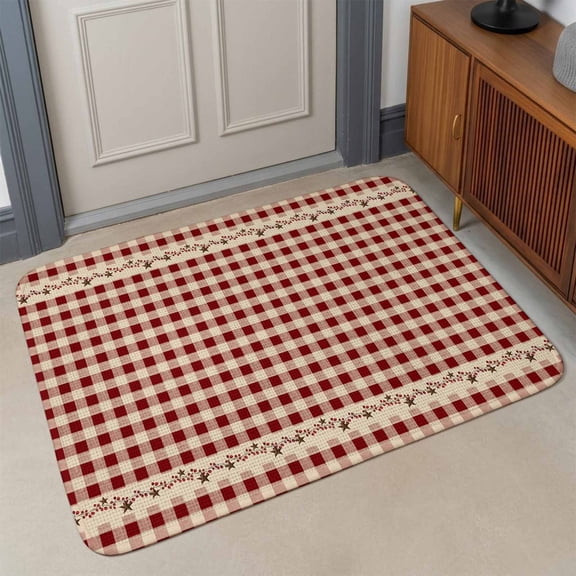 Small Door Mat Indoor Outdoor 15.7"x23.6",Country Star Plaid Absorbent Non Slip Entry Rug,Retro Red American Farm Barn Berry Low Profile Welcome Mat for Front/Side Door Apartment Entrance Bathroom