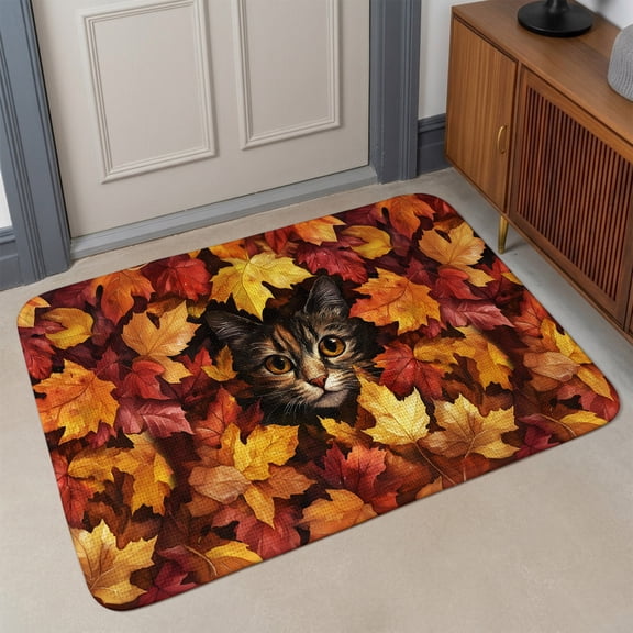 Small Door Mat Indoor Outdoor 15.7"x23.6",Fall Absorbent Non Slip Entry Rug,Thanksgiving Rustic Cat Orange Red Maple Leaf Low Profile Welcome Mat for Front/Side Door Apartment Entrance Bathroom