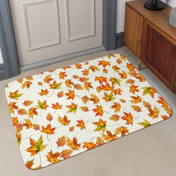 Small Door Mat Indoor Outdoor 15.7"x23.6",Fall Absorbent Non Slip Entry Rug,Thanksgiving Watercolor Orange Green Maple Leaf Low Profile Welcome Mat for Front/Side Door Apartment Entrance Bathroom