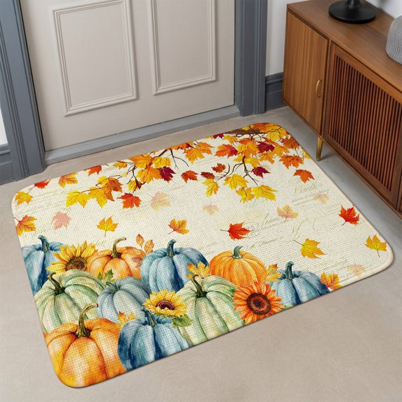 Small Door Mat Indoor Outdoor 15.7"x23.6",Fall Blue Pumpkins Absorbent Non Slip Entry Rug,Thanksgiving Maple Tree Branch Leaves Low Profile Welcome Mat for Front/Side Door Apartment Entrance Bathroom