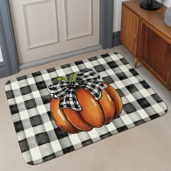Small Door Mat Indoor Outdoor 15.7"x23.6",Fall Pumpkins Absorbent Non Slip Entry Rug,Black Checkered Check Bow Thanksgiving Low Profile Welcome Mat for Front/Side Door Apartment Entrance Bathroom