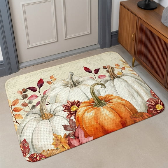 Small Door Mat Indoor Outdoor 15.7"x23.6",Fall White Pumpkin Absorbent Non Slip Entry Rug,Thanksgiving Orange Leaves Country Low Profile Welcome Mat for Front/Side Door Apartment Entrance Bathroom