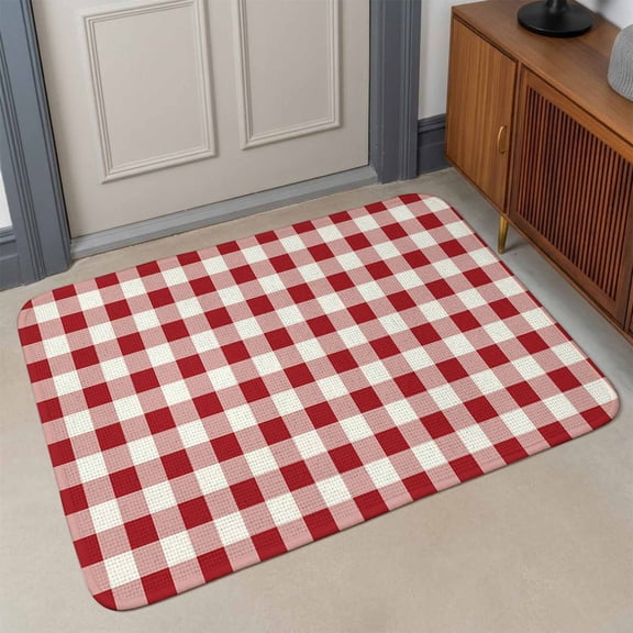 Small Door Mat Indoor Outdoor 15.7"x23.6", Farmhouse Red Plaid Absorbent Non Slip Entry Rug, Rustic Red White Checkered Low Profile Welcome Mat for Front/Side Door Apartment Entrance Bathroom
