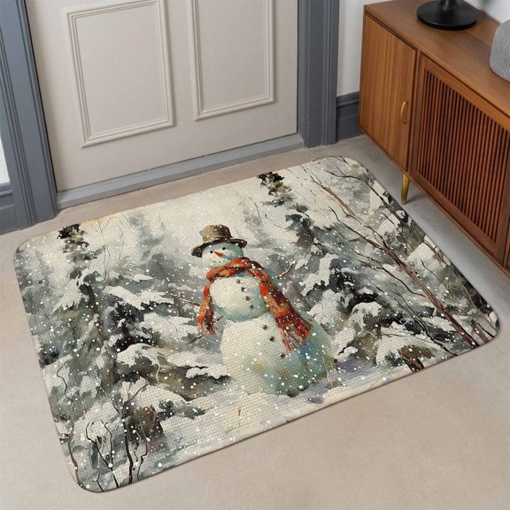 Small Door Mat Indoor Outdoor 15.7"x23.6", Forest Snowman Absorbent Non Slip Entry Rug, Christmas Winter Snowy Tree Low Profile Welcome Mat for Front/Side Door Apartment Entrance Bathroom