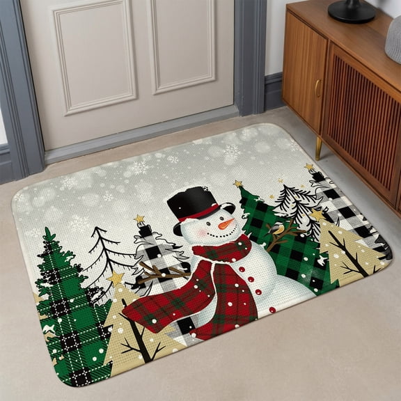 Small Door Mat Indoor Outdoor 15.7"x23.6",Gray Omber Snowman Christmas Absorbent Non Slip Entry Rug,Xmas Tree Winter Snowman Low Profile Welcome Mat for Front/Side Door Apartment Entrance Bathroom