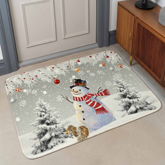 Small Door Mat Indoor Outdoor 15.7"x23.6", Grey Snowman Christmas Absorbent Non Slip Entry Rug, Snowflake Tree Balls Xmas Low Profile Welcome Mat for Front/Side Door Apartment Entrance Bathroom