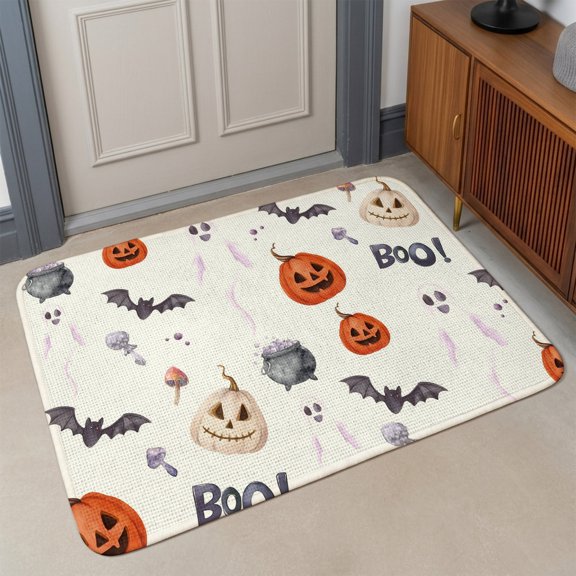 Small Door Mat Indoor Outdoor 15.7"x23.6", Halloween Absorbent Non Slip Entry Rug, Bat Pumpkin Ghost Candy Fall Seasonal Low Profile Welcome Mat for Front/Side Door Apartment Entrance Bathroom
